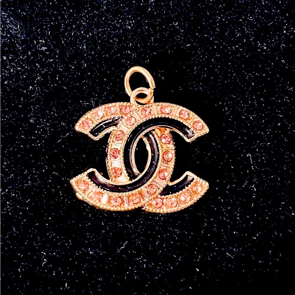 CHANEL Pink Crystal and Black Enamel Charm with Iconic CC Design